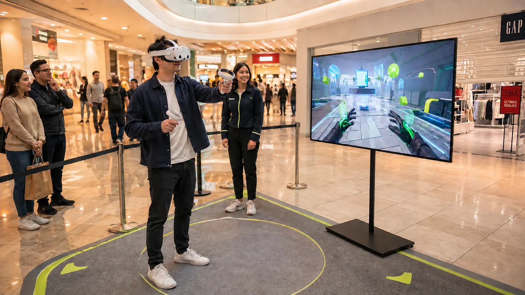 Visualización conceptual de experiencia de realidad virtual y mixta en un centro comercial